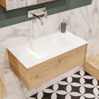 Mondiaz Lush Cloud badmeubel eiken licht 80 cm 1 lade solid surface enkele spoelbak midden zonder kraangat