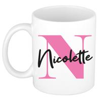 Naam mok Nicolette - roze - wit - keramiek - 300 ml - verjaardag/cadeau beker