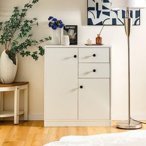 Modern Dressoir Vrijstaande Vloerkast met Kantelbeveiliging Gangkast met Verstelbare Planken Buffetkast (2 Deuren en 2 Laden Wit)