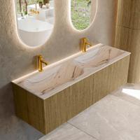 Badmeubel Mondiaz Kurve-Dlux | 140 cm | Meubelkleur Dusk | Wastafelkleur Nata | Solid surface | Wasbak beide zijden spoelbak | 2 kraangaten