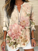 Loose Casual Floral Notched Shirt - thumbnail