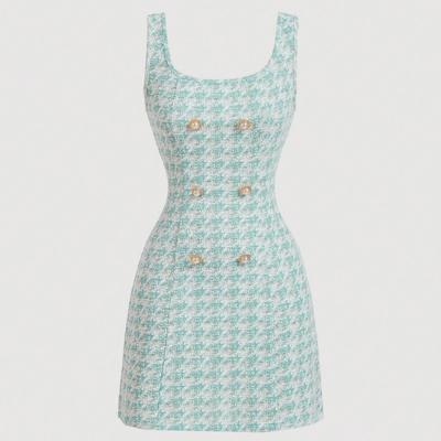 Women's Multicolor Houndstooth Knit Mini Dress | Square Neck Slim Fit Mint Blue / XS