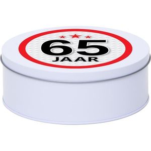 Wit bewaarblik/opbergblik 18 cm met 65 jaar sticker   -