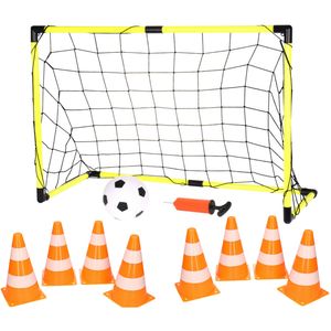 Voetbalgoal/voetbaldoel met bal en pomp incl. 8x oranje/witte pionnen - Voetbaldoel