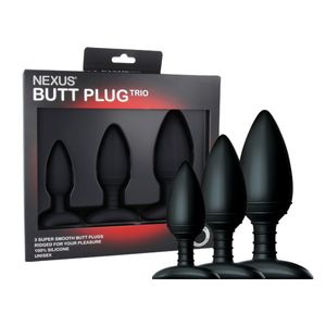 BUTT PLUG TRIO 3 Solid Silicone Butt Plugs S M L - Black