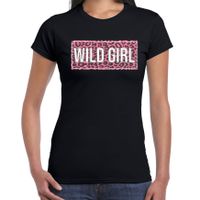 Wild girl fun tekst t-shirt zwart voor dames