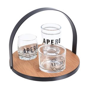 Ronde serveerplank bamboe dia 18 cm met 3x luxe hapjes/saus/tapas schaaltjes van glas