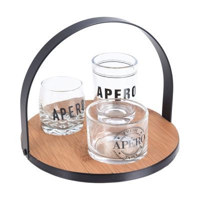 Ronde serveerplank bamboe dia 18 cm met 3x luxe hapjes/saus/tapas schaaltjes van glas