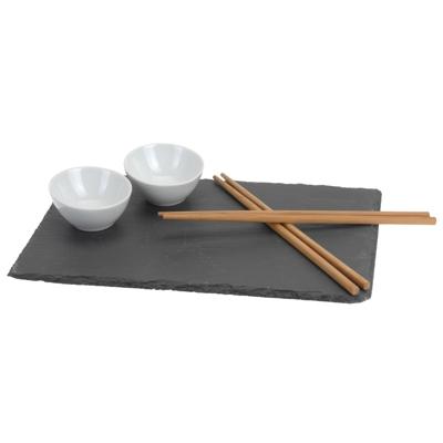 Sushi serveren set - voor 2x personen - 7 delig - Leisteen plankje / kommetje / eetstokjes