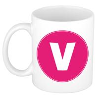 Koffie mok met de letter V - beker - roze - eerste letter van een voornaam - wit - 300 ml