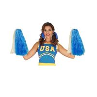 2x Stuks cheerball/pompom - blauw/wit - met ringgreep - 33 cm - Cheerleader verkleed accessoires