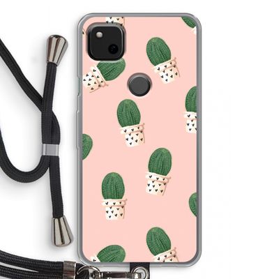 Cactusprint roze: Pixel 4a Transparant Hoesje met koord