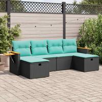 6-delige Loungeset met kussens poly rattan zwart