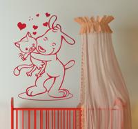 Sticker kinderkamer hond knuffelt kat