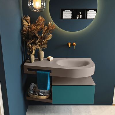 MONDIAZ RIVA 100cm badmeubel onderkast / planchet kleur Smag met 1 lade. Wastafel DULCET rechts 0 kraangaten kleur Smoke.