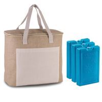 Grote koeltas jute/canvas 20 liter en 38 x 32 x 16 cm met 3x stuks koelelementen blauw