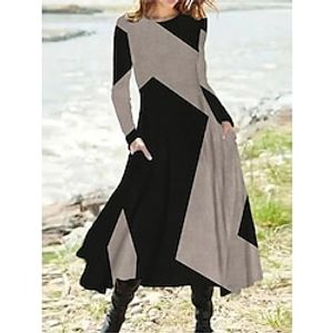 Dames Werk Jurk Casual jurk Swingjurk Modieus Winter jurk Dagelijks Halflange jurk Zak Afdrukken Strakke ronde hals Lange mouw Kleurenblok Normale pasvorm Zwart Rood Bruin Herfst Winter S M L XL XXL Lightinthebox