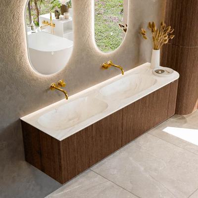 Badmeubel Mondiaz Kurve-Dlux | 165 cm | Meubelkleur Walnut | Wastafelkleur Ostra | Solid surface | Dubbele spoelbak | Zonder kraangat(en)