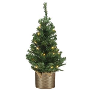 Kunstboom/kunst kerstboom groen 60 cm met verlichting en gouden pot - Kunstkerstboom