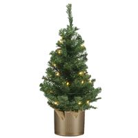 Kunstboom/kunst kerstboom groen 60 cm met verlichting en gouden pot - Kunstkerstboom - thumbnail