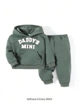 Bon&Bon Baby Boy Letter Graphic Hooded Thermal Sweatshirt And Jogger Pants Set Green_2 / 1-3M