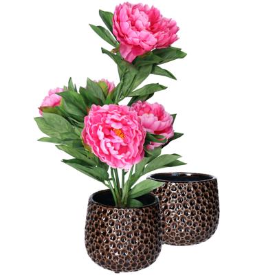 Plantenpot/bloempot Pebblo - 2x - keramiek/geglazuurd?- bruin - druppels - D17 x H15 cm