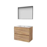 Basic-Line Framed 46 Badkamermeubelset - 80 x 46 cm - Greeploos - 2 Lades - Keramische Wastafel - 1 Kraangat - Spiegel met Zwart Aluminium Frame - Whisky Oak