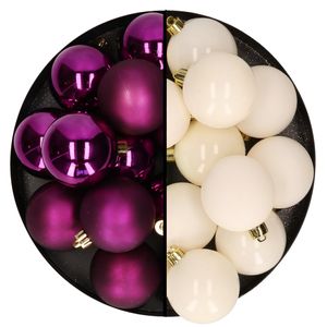 Kerstballen 24x stuks - mix wol wit en paars - 6 cm - kunststof