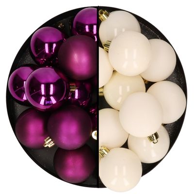 Kerstballen 24x stuks - mix wol wit en paars - 6 cm - kunststof