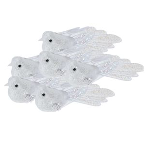 6x stuks kunststof decoratie vogels op clip wit met pailletten 15 cm