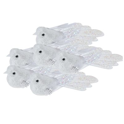 6x stuks kunststof decoratie vogels op clip wit met pailletten 15 cm