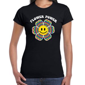 Jaren 60 Flower Power verkleed shirt zwart met psychedelische emoticon bloem dames