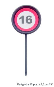 12 herbruikbare coctailprikkers verkeersbord 16 jaar