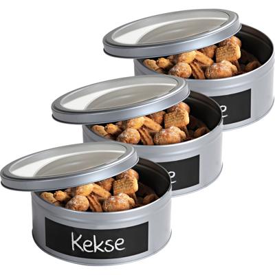 Kepser rond koekblik opbergblik/bewaarblik met krijtbord - 3x - Zilveren voorraadblik/koekblik