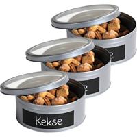 Kepser rond koekblik opbergblik/bewaarblik met krijtbord - 3x - Zilveren voorraadblik/koekblik