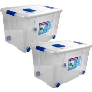 2x Opbergboxen/opbergdozen met deksel en wieltjes 55 liter kunststof transparant/blauw