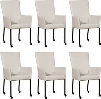 Set van 6 Crème leren moderne eetkamerstoelen Deal - met armleuning poot vierkant zwart met wiel - Toledo leer Misty (crème leer)