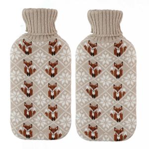 Warmwaterkruiken 2 liter met zachte gebreide vossen print hoes beige 2x stuks