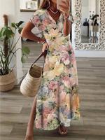 V Neck Cotton Floral Casual Dress With No
