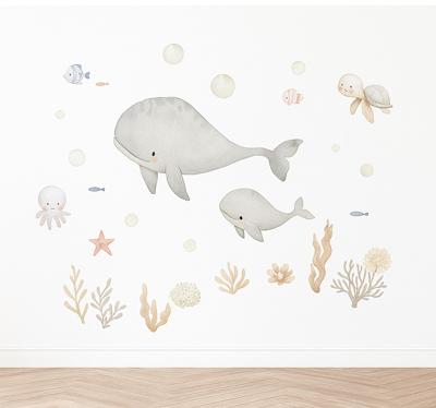 Pastel zeedieren muursticker kinderkamer
