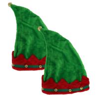 Elfenmutsen - 2x - groen/rood - met belletjes - volwassenen - 41 cm - polyester - kerstelf accessoir