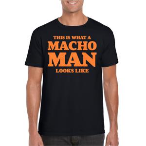 Foute party t-shirt voor heren - macho man - zwart - glitter oranje - carnaval/themafeest