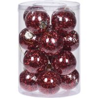 Kerstballen - 16x- transparant met rood glitter - 8 cm - kunststof   -