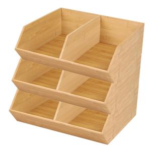 Stapelbare opbergmand 2 vaks - 3x - L35 x B31 x H12 cm - bamboe hout - lichtbruin - organizer