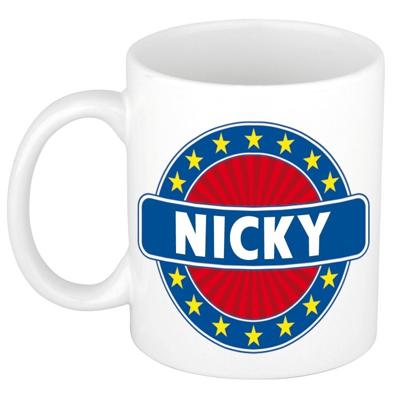 Nicky voornaam koffiemok - beker - wit/blauw - 300 ml - Cadeau - Heren - Collega - Vaderdag Nicky voornaam koffiemok - beker - wit/blauw - 300 ml - Cadeau - Heren - Collega - Vaderdag