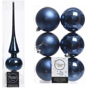 Kerstboom decoratie blauw piek en 6x kerstballen 8 cm