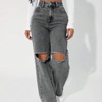 Petite High Waist Straight Leg Mom Jeans - Dark Wash Distressed Denim Light Grey / Petite M