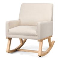 Gewatteerde Schommelstoel Relaxstoel met Massief Houten Frame Moderne Vrijetijdsstoel uit het Midden van de eeuw Beige