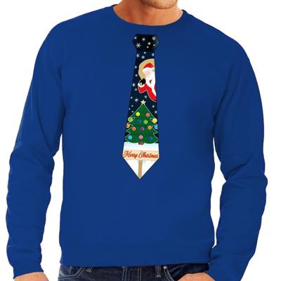 Foute kersttrui - sweater - met stropdas in kerst print - blauw - voor heren