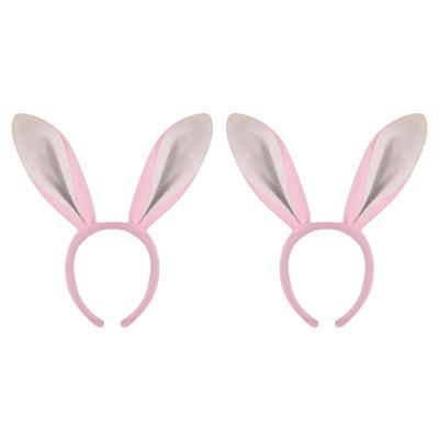 Konijnen/bunny oren - 2x stuks - roze met wit - volwassenen - 28 cm - Feest diadeem konijn/paashaas